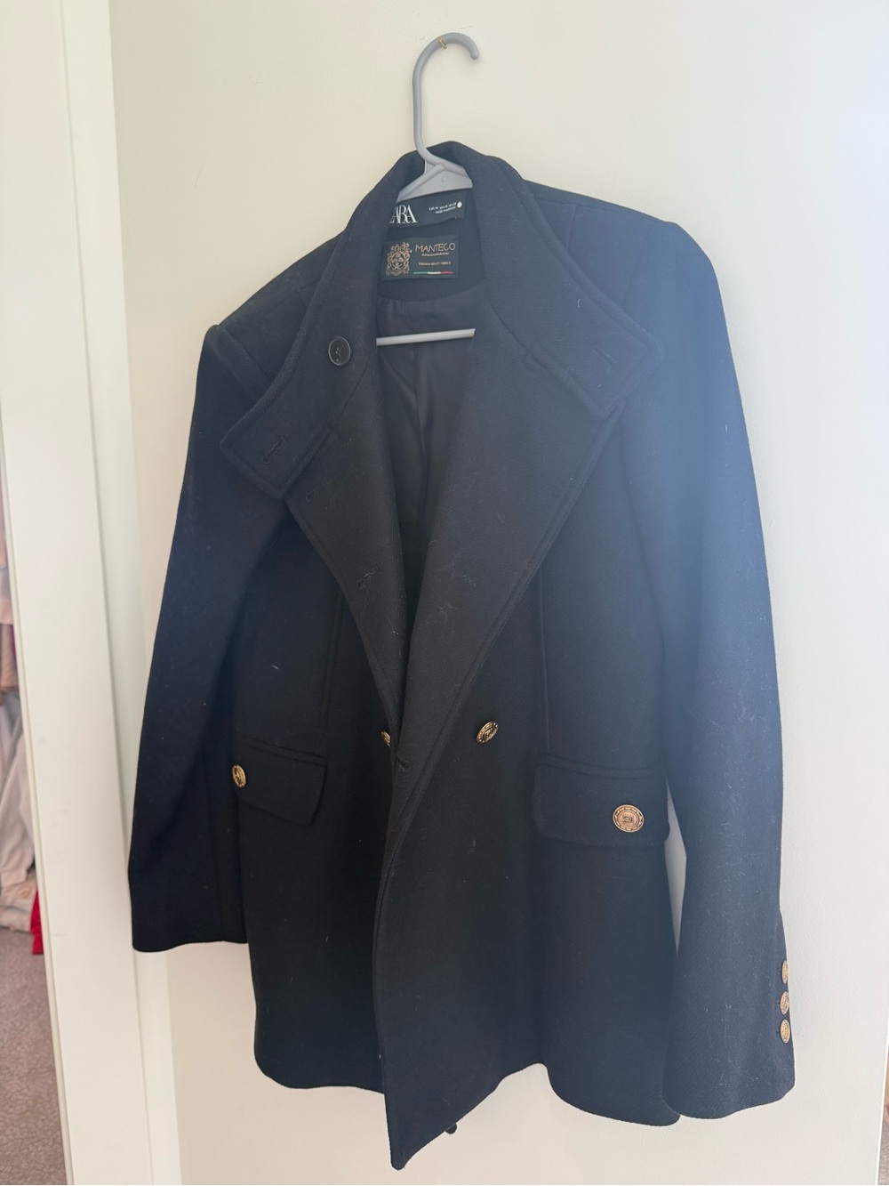 Zara Black Wool Blend Coat with Gold Logo Trim